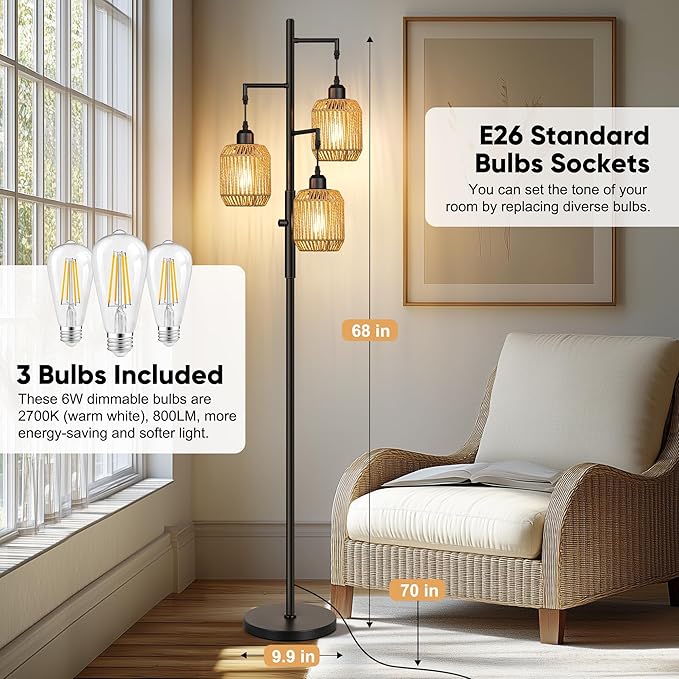 ROTTOGOON Dimmable Boho Floor Lamp - 3 Light Farmhouse Rattan Floor Lamp for Living Room, Industrial Tree Floor Lamps with 3 X 6W LED Bulbs, Rustic Standing Tall Lamp for Bedroom, Office, 68", Black
