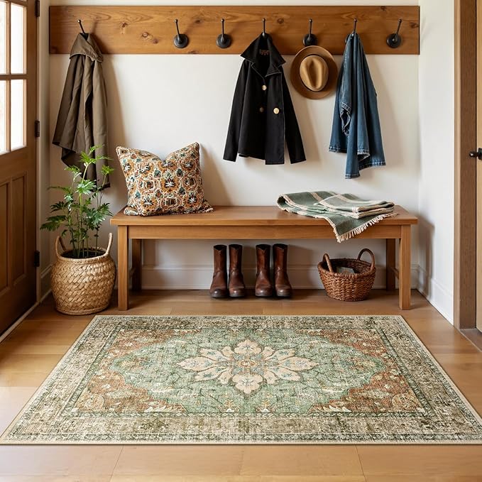 Area Rugs 3'x5' Washable Non-Slip, Floral Vintage Distress Print Pattern Medallion Carpet for Living Room Bedroom Dining Room, Brick Red Rust Neutral Brown Burnt Orange Green