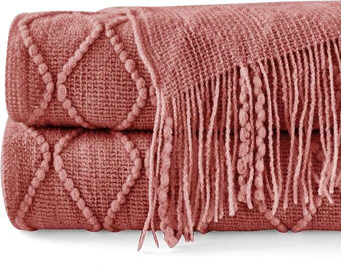 inhand Knitted Throw Blankets for Couch and Bed, Soft Cozy Knit Blanket with Tassel, Coral Pink Lightweight Decorative Blankets and Throws, Farmhouse Warm Woven Blanket for Men and Women, 60"x80"