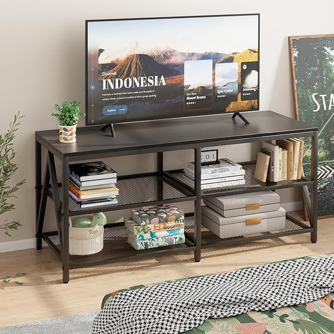 TV Stand for TVs up to 60 Inch, 43" Long Industrial TV Console Table with 3-Tier Storage Shelves, Entertainment Center for Living Room, Bedroom (Black)