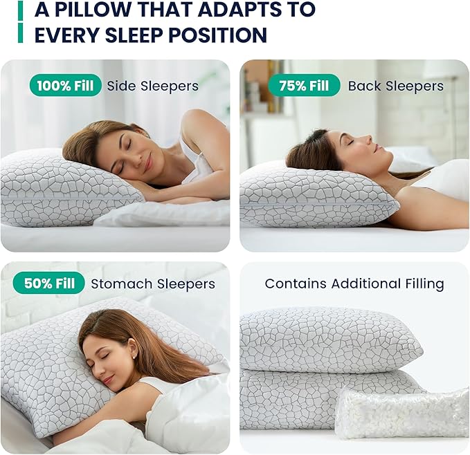 Bed Pillows Set of 2 Shredded Memory Foam Pillows, Soft-Firm Adjustable Pillows for Sleeping, 100% Viscose from Bamboo Pillow Cover for Back, Stomach and Side (Queen Size: 20 * 28in)