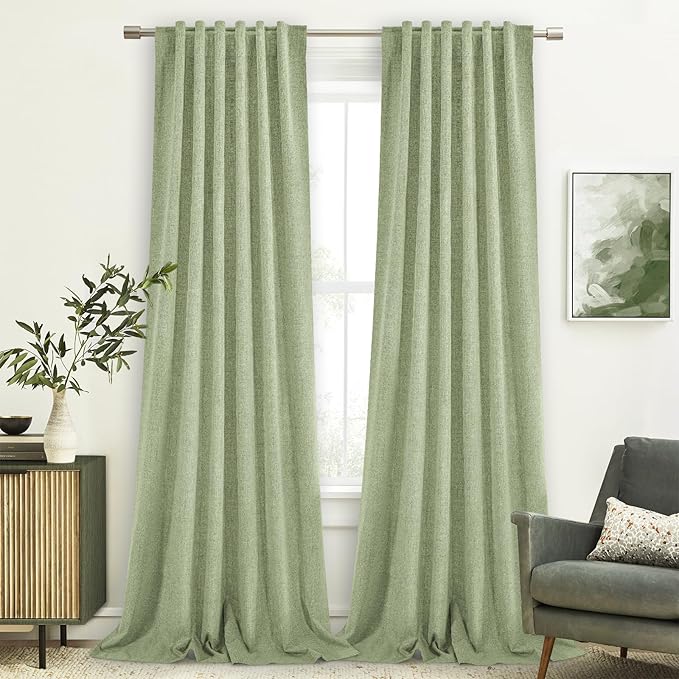 Bedroom 100% Blackout Long Curtains Panels, 1 Pair, 55 inches by 96 Inch, Sage Green, Triple Weave Energy Saving Thermal Insulated Solid Back Tab Blackout Draperies for Patio