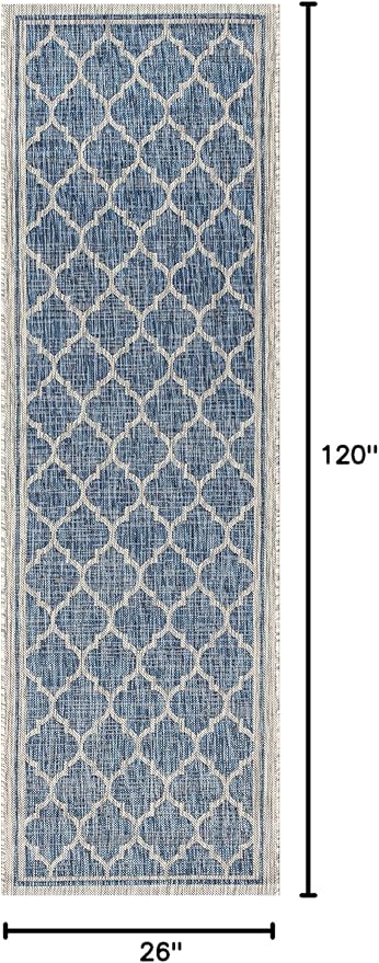 Eyely BMS109D-210 Santa Monica Trebol Moroccan Trellis Textured Weave Indoor/Outdoor Runner Rug Coastal;Bohemian, Bedroom, Backyard, Patio, Easy-Cleaning, Non-Shedding, 2 X 10, Navy/Gray