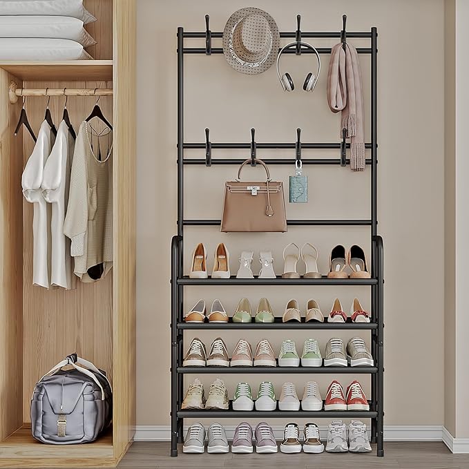 Coat Rack Shoe Rack With Storage Shelf Freestanding with 8 Hooks for Entryway Bedroom Closet 4 Tier, Black