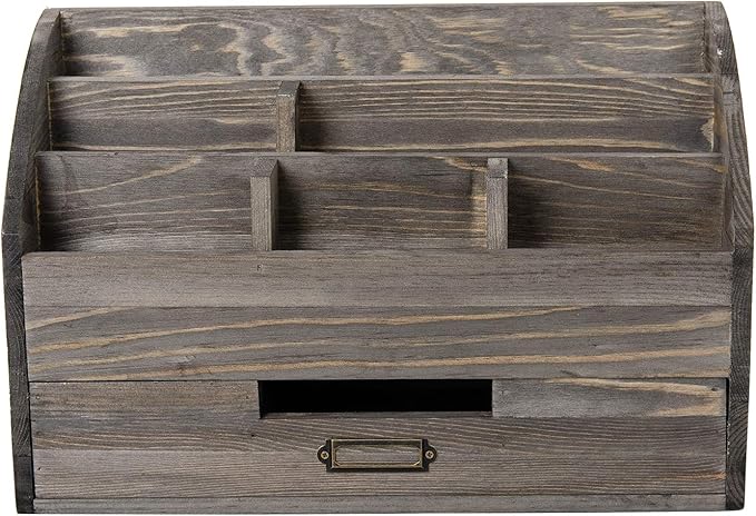 Distressed Rustic Wooden Office Desk Organizer 5 Compartment with 2 Drawer &Counter Desk Tabletop Desktop Mail Rack, Pens, Notebooks, Folders, Pencils and Office Supplies (Rock Grey)