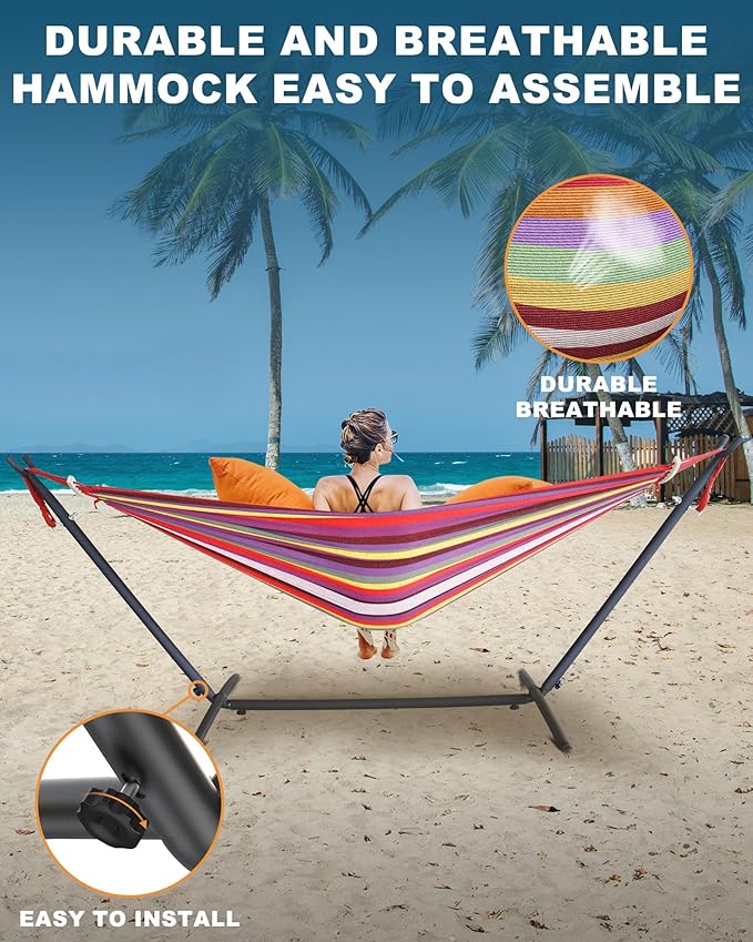 Double Hammock with Heavy-Duty Steel Stand,Portable,Easy Assembly,600lbs Weight Capacity,Suit for Indoor,Yard,Camping,or Outdoor
