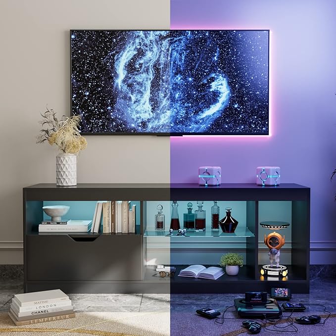 YESHOMY Modern LED TV Stand for Televisions up to 65+ Inch with Glass Shelves and Drawer, Gaming Entertainment Center with Multiple Dynamic RGB Modes, for Livingroom, Bedroom, 55 Inch, Dark Black