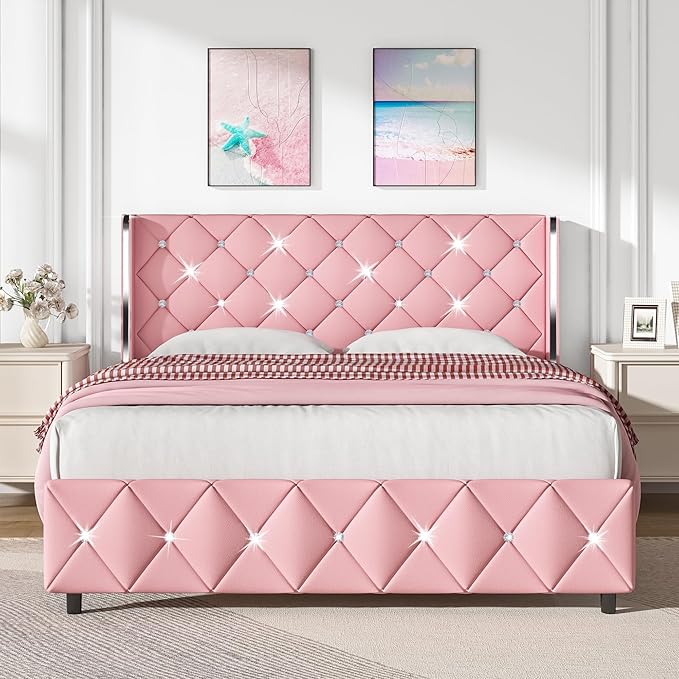 Full Size Bed Frame with Headboard, Upholstered Faux Leather Bed with Diamond Headboard, Pink Bed Frame Full with Footboard, No Box Spring Needed, Easy Assembly, Pink