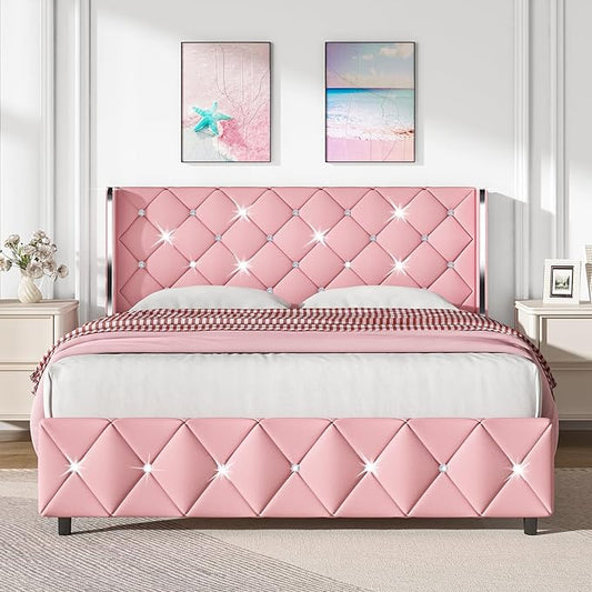 Full Size Bed Frame with Headboard, Upholstered Faux Leather Bed with Diamond Headboard, Pink Bed Frame Full with Footboard, No Box Spring Needed, Easy Assembly, Pink