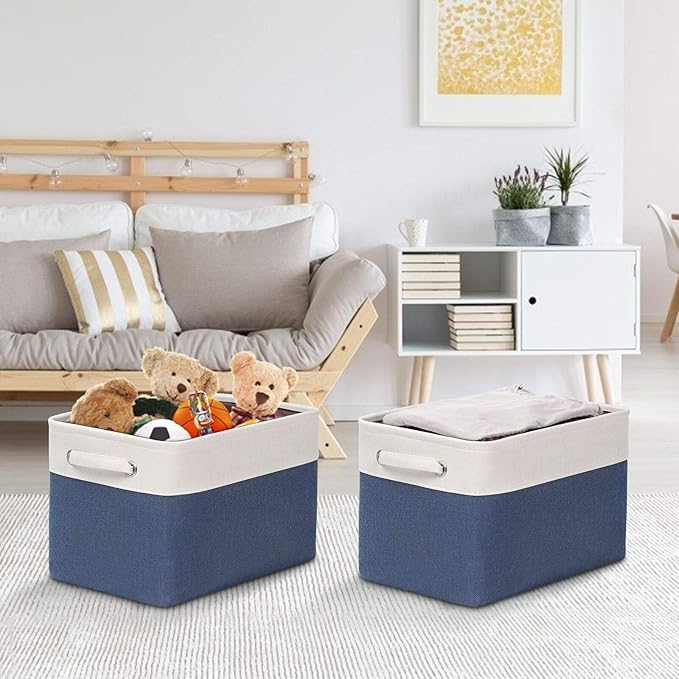 Kntiwiwo Foldable Storage Bins 15" x 10" x 9.5" Fabric Storage Basket Cube with Handles Large Linen Closet Organizer Bins for Organizing Shelf Home, Set of 3, Blue