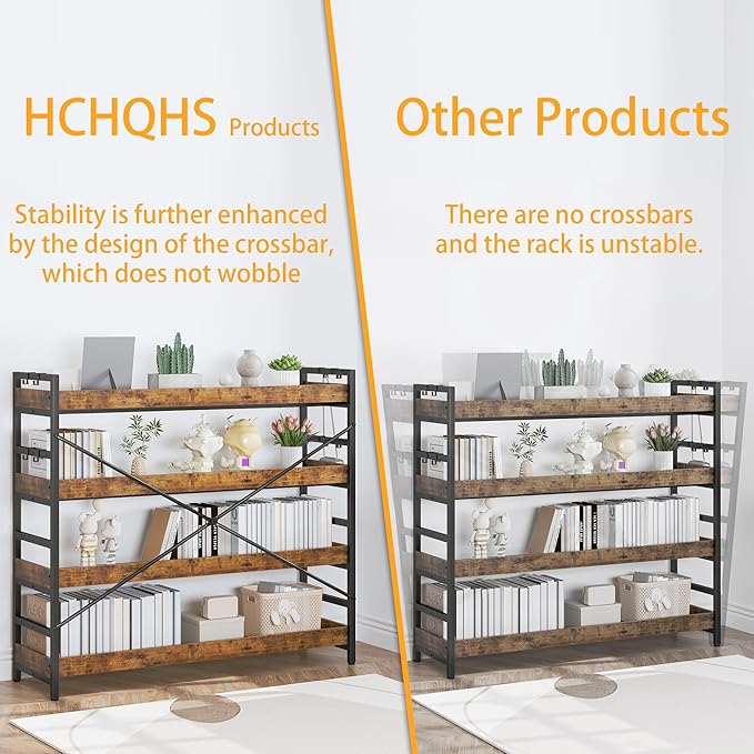 HCHQHS 4 Tier Bookshelf, Adjustable Industrial Bookcase, Vertical Tall Book Shelf, Wood and Black Metal Open Bookshelves for Home Office, Living Room, Bedroom