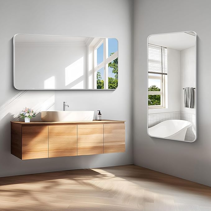 BONEWEI Silver Bathroom Mirror,24x48 inch Wall Mirror for Bathroom Wall Mounted,Rectangle Mirror for Bathroom Over Sink,Modern Frame Round Corner for Living Room,Bedroom Entryway,Horizontal/Vertical