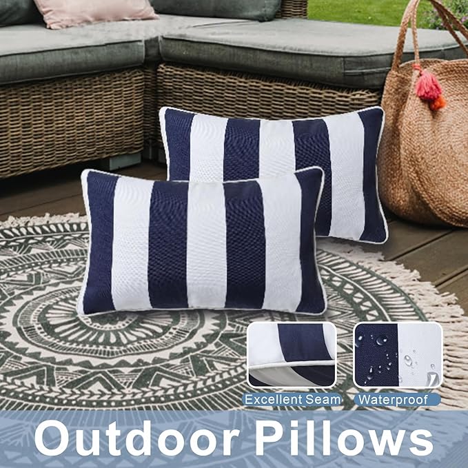 JMGBird Outdoor Lumbar Pillows, Waterproof Throw Pillows with Insert, Pack of 2, 12×20 Inch- Add a Pop of Color Outdoors (Blue and White)