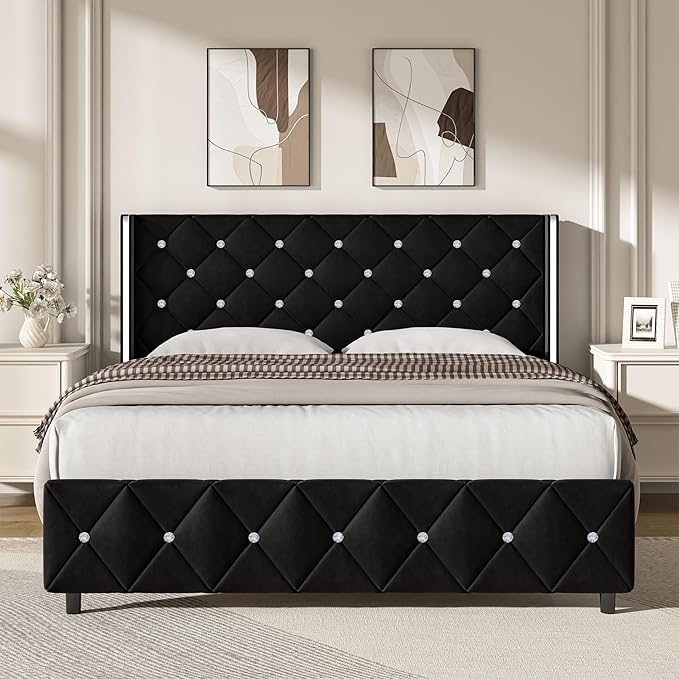 Black Velvet Bed with Diamonds Headboard, Bed Frame Full Size with Wingback, Wooden Slats Support, No Box Spring Needed, Easy Assembly, Black