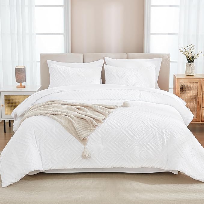 Andency White Comforter Full Size Set with Sheets - 7 Pieces Boho Bed in a Bag Tufted Bedding Sets Fluffy Lightweight Full Bed Set with Comforter, Sheets, Pillowcases & Shams for All Season