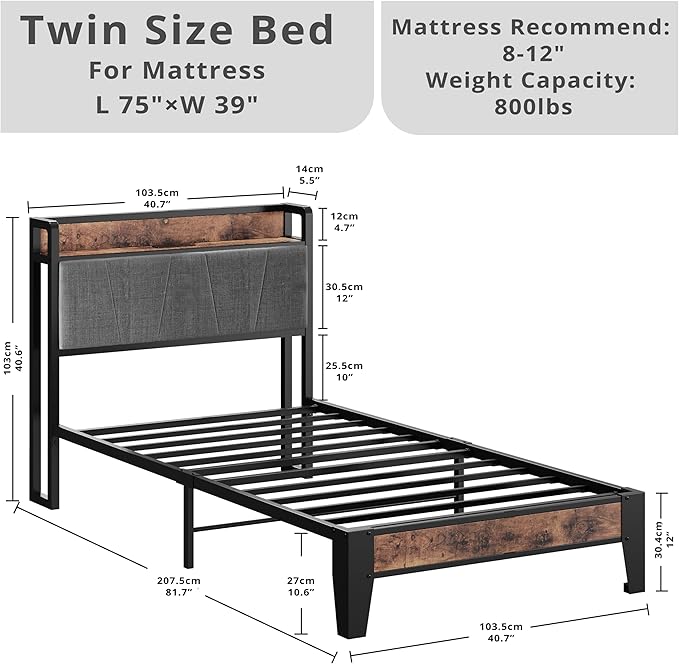 LIKIMIO Twin Bed Frames, Storage Headboard with Charging Station, Solid and Stable, Noise Free, No Box Spring Needed, Easy Assembly