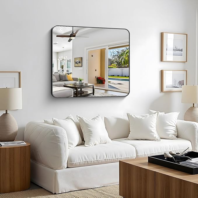 Bathroom Mirror, 36 x 30 inch Metal Framed Black Rectangle Mirror, Rounded Corner Rectangular Vanity Mirror, Wall Mounted Mirror for Modern Bedroom Living Room Hangs Horizontal or Vertical