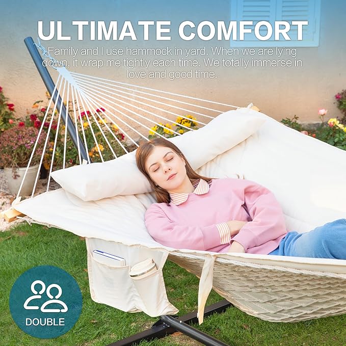 PNAEUT Double Hammock with Stand for Outside, Rope Hammocks with Polyester Pad 2 Person, 12ft Heavy Duty Stand, Extra Pillow, Storage Sidebag, Max 475 lbs Capacity (Pearl White)