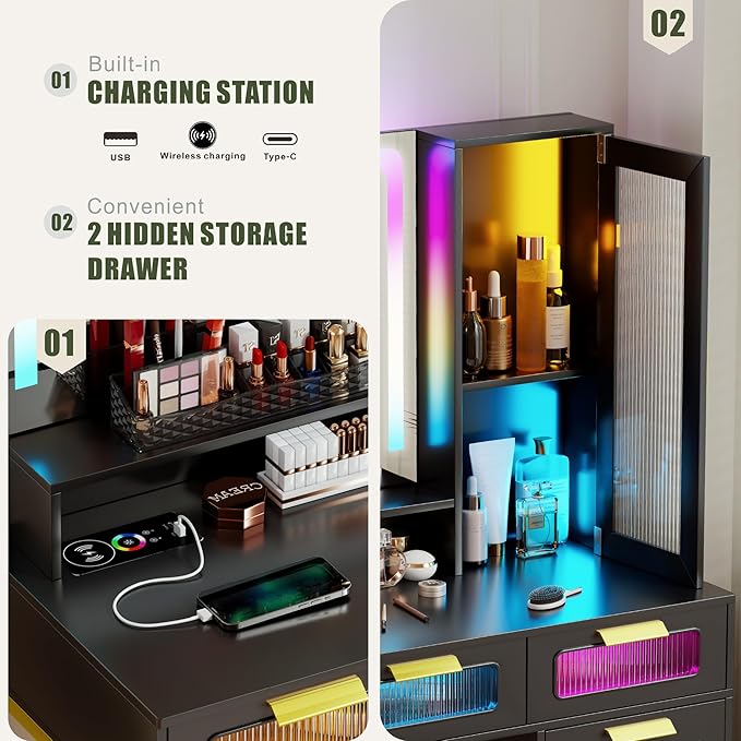 Vanity Desk with Mirror and RGB Lights, Makeup Vanity Desk with Wireless Charging Station,Large Dressing Table Set with Stool,LED Vanity Table with 6 Drawers/Cabinet/Shelves for Bedroom, Black