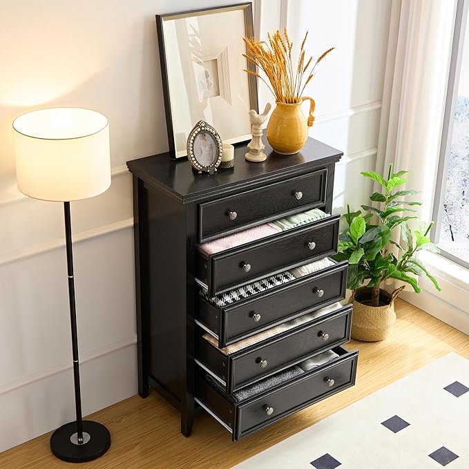 BLANKSPACE Black 5 Drawer Dresser, Modern Dresser for Bedroom, Wood Drawer Organizer with Metal Knobs, Large Capacity Wood Cabinet for Bedroom, Closets, Hallway