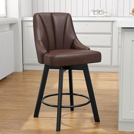 Bar Stools with Backs, PU Leather Upholstered Counter Barstools with Solid Wood Legs for Kitchen Island, Home Bar, Brown