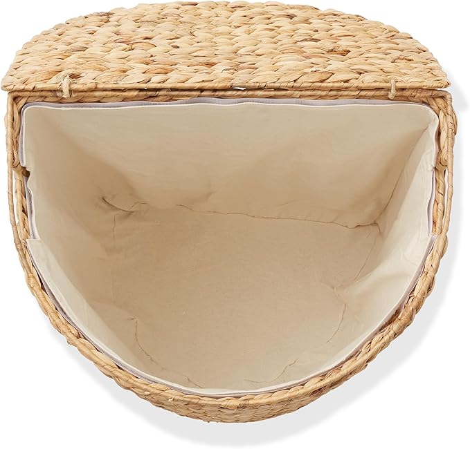 Casafield Half Moon Laundry Hamper with Lid and Removable Liner Bag - Natural, Woven Water Hyacinth Laundry Basket for Clothes and Towels
