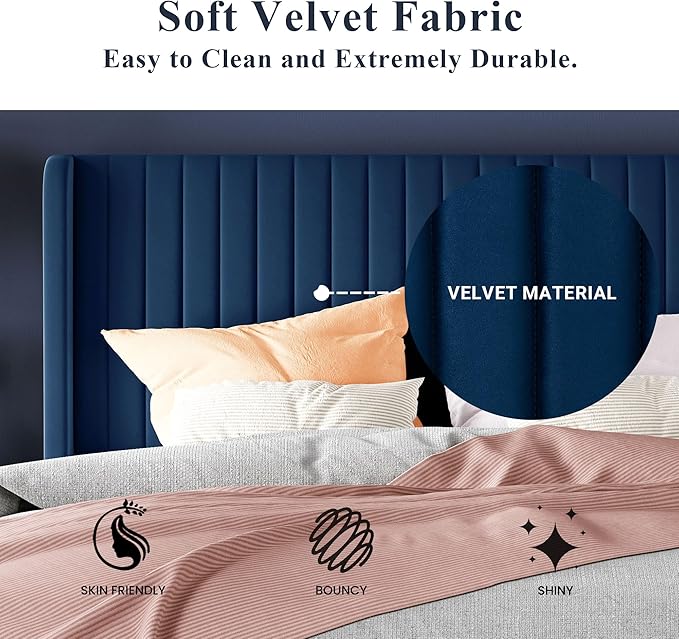 Allewie Queen Size Velvet Bed Frame/Vertical Channel Tufted Wingback Headboard/Upholstered Platform Bed/Strong Wooden Slats/No Box Spring Needed/Easy Assembly/Dark Blue