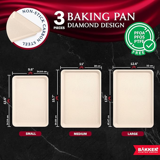 BAKKEN Kitchen Baking Pan - Small, Medium, and Large Cookie Pan (13.58×9.65, 15.75×11, 17.91×12.60), Nonstick, Diamond Texture Bottom, PFOA, PFOS, PTFE Free, Oven Safe (450°F), Pack of 3, White Marble