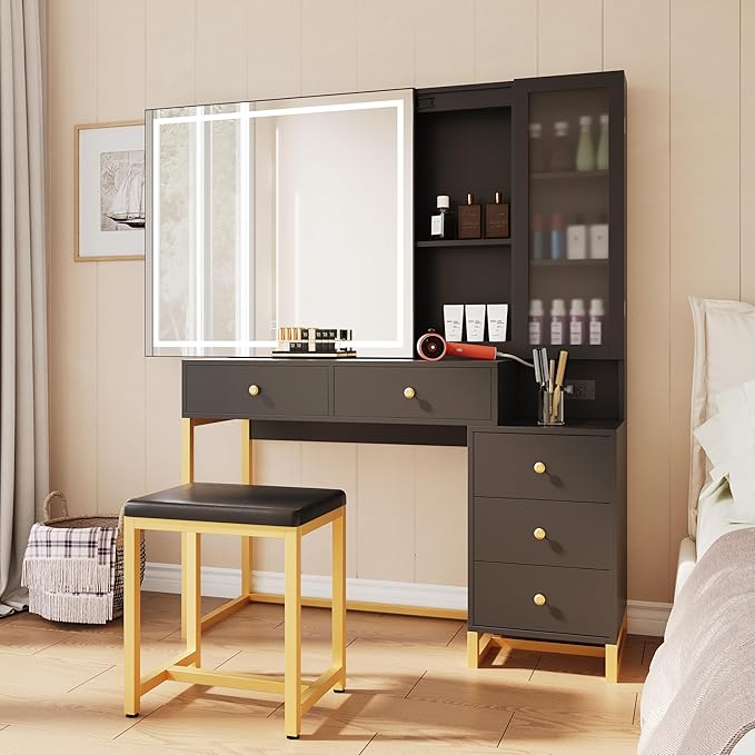 Black Makeup Vanity Desk with Sliding Mirror and LED Lights,Power Outlet&Vanity Stool for Makeup Table,Makeup Organizer Countertop with Cabinets&5 Storage Drawers