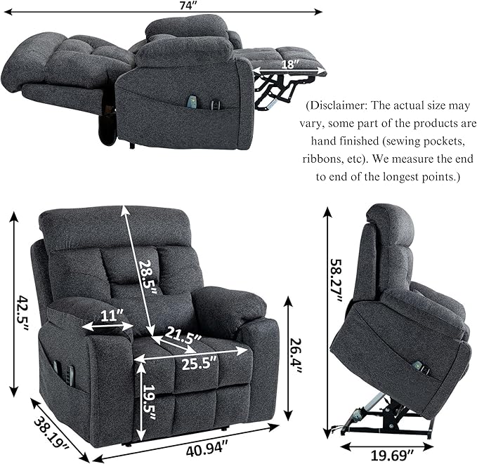 4-Motor Lay Flat Power Lift Recliner Chair with Heat & Massage - Power Adjustable Headrest, Backrest, Lumbar & Legrest - Big Tall Recliners, 4-Point Massage (Seat Heating)