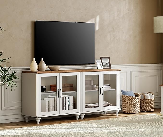 WAMPAT TV Stand for 75 Inch TV, Wood TV Cabinet Entertainment Center Television Stands for Living Room, 2-in-1 Kitchen Buffet Cabinet with Glass Door for Dining Room, Off White