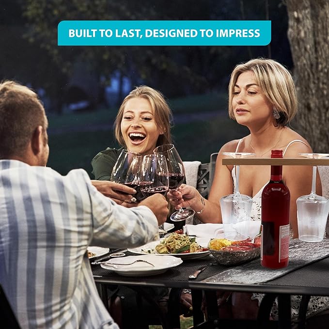 Wine & Glass Holder - Countertop or Shelf Storage Rack for 2 Glasses & Bottle, Decorative Holiday or Housewarming Gift, Solid Maplewood, 10 Inch x 3.5 Inch