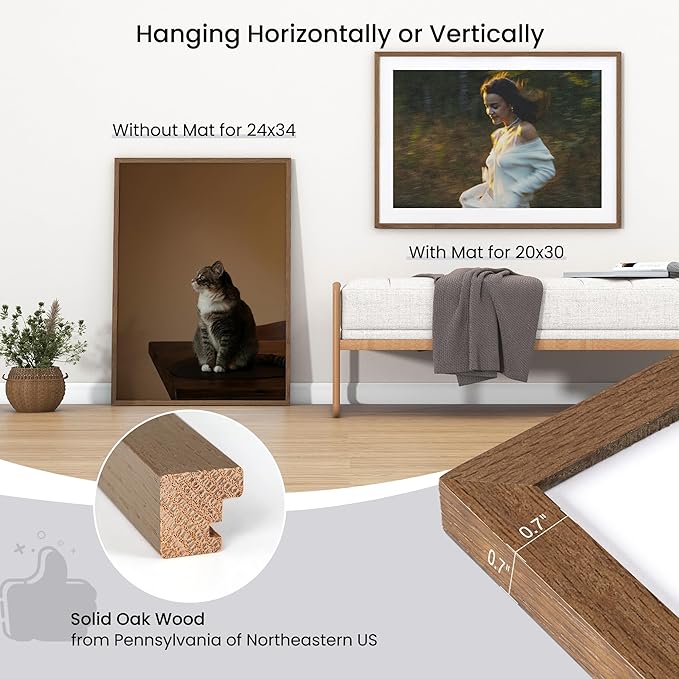 Axeman 24x34 Frame | Solid Oak Wood 24x34 Poster Frame With Mat for 20x30 | 34x24 Wood Picture Frame | Tempered Glass and Hanging Hardware Included Home Wall Decor Art Hanging Frame | Walnut
