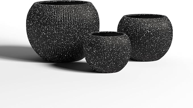 DTY Signature Mount Sherman Modern Indoor Outdoor Fiberstone Sphere Planter, Durable Round Garden Pot, Weather Resistant, Drainage Hole & Rubber Plug,Planter for Christmas Tree (Ribbed Black, Medium)