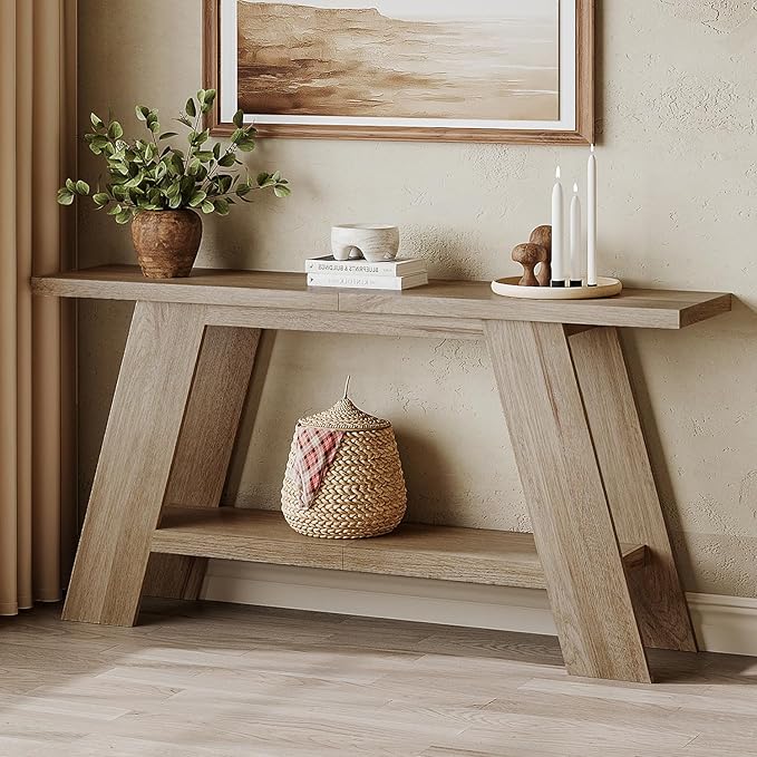 Treocho 63 Inch Long Farmhouse Console Tables for Entryway, 2-Tier Modern Wood Sofa Table with Shelf Behind Couch, Contemporary Narrow Entryway Table for Living Room, Hallway, Entrance, Walnut