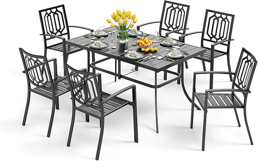 PHI VILLA Outdoor Dining Set 7 Pcs 1 Metal Dining Table and 6 Outdoor Dining Chairs Metal Patio Bistro Stackable Chairs, Black for Outdoor Backyard Bistro Furniture Set