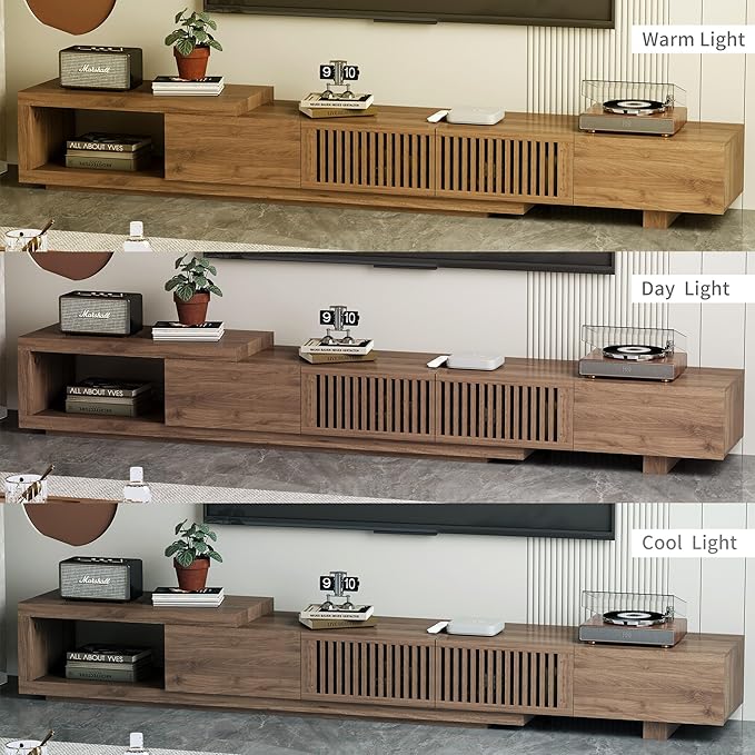 Modern Walnut TV Console for 75+ Inch Screen – Extendable Wood Media Unit (78"-103") with Grille Doors and Drawers, Great for Living Rooms & Bedrooms