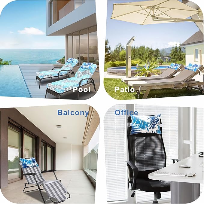 JMGBird Outdoor Pillow for Chaise Lounge Chair Set of 4 Waterproof Headrest Pillow Lumbar Pillows with Insert & Adjustable Elastic Strap for Beach Poolside Patio Office, 10x16 Inch