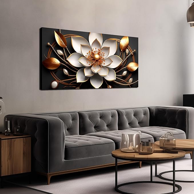 Large Artwork Canvas Wall Art for Living Room Office Room Bedroom Decor Wall Painting White and Gold Flowers Picture Modern Decorative Painting with Frame Ready to Hang Canvas Decor Size 20x40