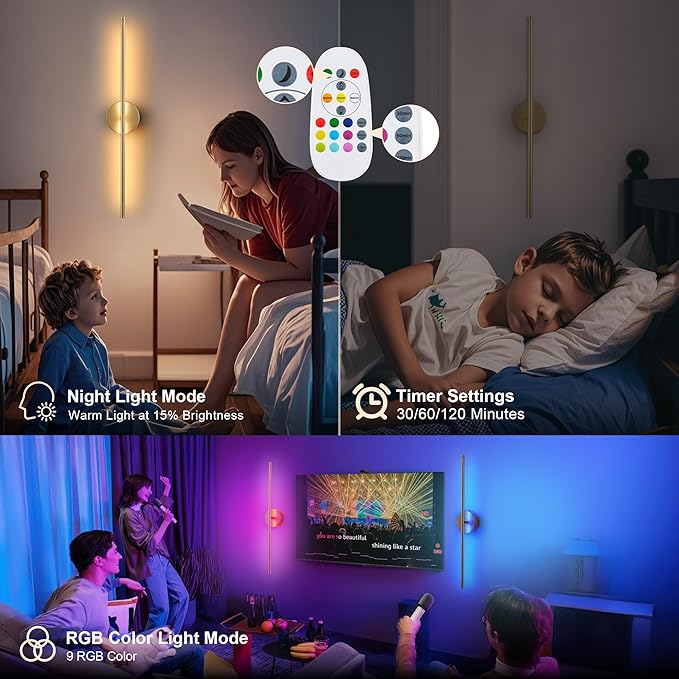 Battery Operated Wall Sconces Set of Two, with Remote Control, Dimmable, Warm White/Natural White/Daylight/RGB, 350°Rotate, LED Gold Wireless Wall Light for Living Room, Bedroom, 28.3 Inch