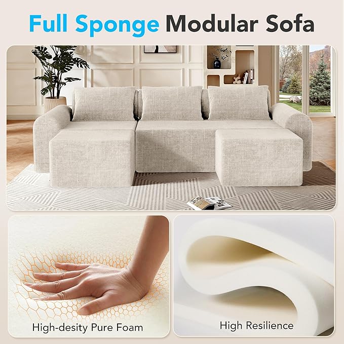 Cloud Sectional Couch with 2 Ottomans & 3 Pillows, Boneless Couches for Living Room, U Shaped Sectional Sofa Deep Seat Comfy Couch for Small Spaces, No Assembly Required, 72h to Restore