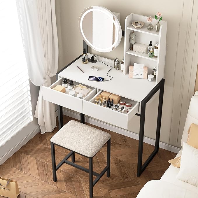 Small Vanity Desk with Mirror and Lights, Makeup Vanity Table with LED Mirror, 3 Lighting Modes, Power Outlet, Drawer, Open Shelves and Cushioned Stool for Bedroom (Black)