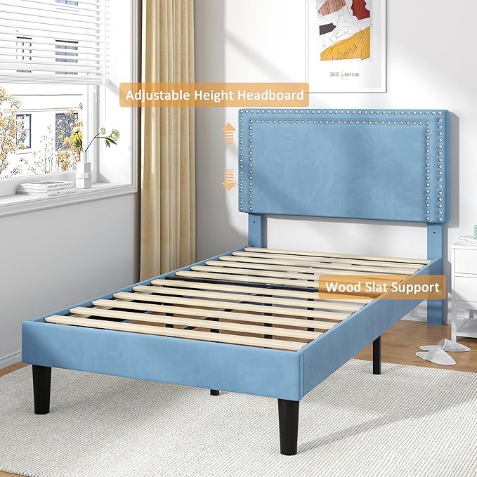 VECELO Twin Size Platform Bed Frame with Adjustable Upholstered Headboard, Strong Wood Slat Support, No Box Spring Needed, Easy Assembly