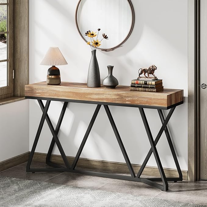 Tribesigns 55 Inches Console Table, Farmhouse Sofa Table Wood Entryway Table with Unique Metal Base, Behind The Couch Table Foyer Table, Industrial Accent Table for Hallway, Living Room, Entrance