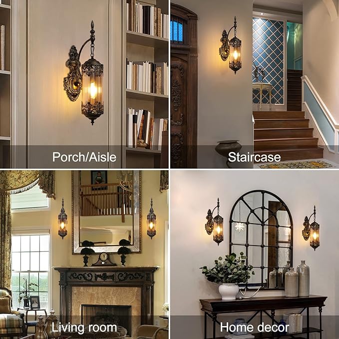 Rustic Wall Sconce with Amber Glass Mini Vintage Antique Gothic Wall Light Fixture Retro Farmhouse Mid Centry Lantern Wall Sconce for Bedroom, Hallway, Mirror, Bursh Gold, E12