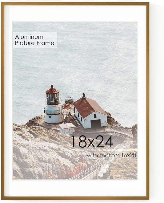 18x24 Metal Picture Frame For Wall With Mat For 16x20, 18''x24'' Aluminum Photo Frames With Tempered Glass For Home Decor, Minimalist Modern Poster Frame Horizontal And Vertical Formats, Bronze