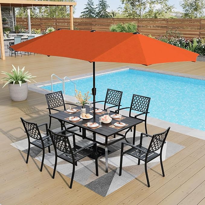 PHI VILLA 7-Piece Metal Patio Outdoor Table and Chairs Outdoor Dining Set - 60" Patio Table with Umbrella Hole and 6 Backyard Garden Chairs, Black