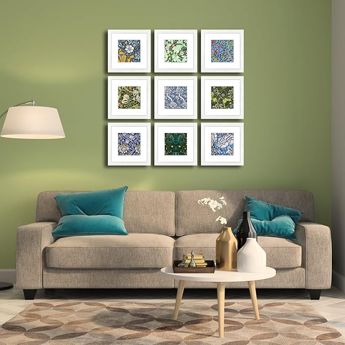 8x8 Picture Frame Set of 9 for Pictures 5x5 with Mat or 8x8 Without Mat, Wall Gallery or Tabletop display Photo Frames in White