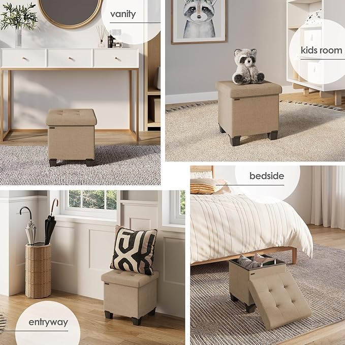STORAGEBUD Storage Ottoman Cube with Small Bin, 16-in Square Ottoman with Storage for Living Room and Bedroom, Small Ottomans Foot Rest, Fabric Foot Stools Ottomans Max 330lbs, Taupe