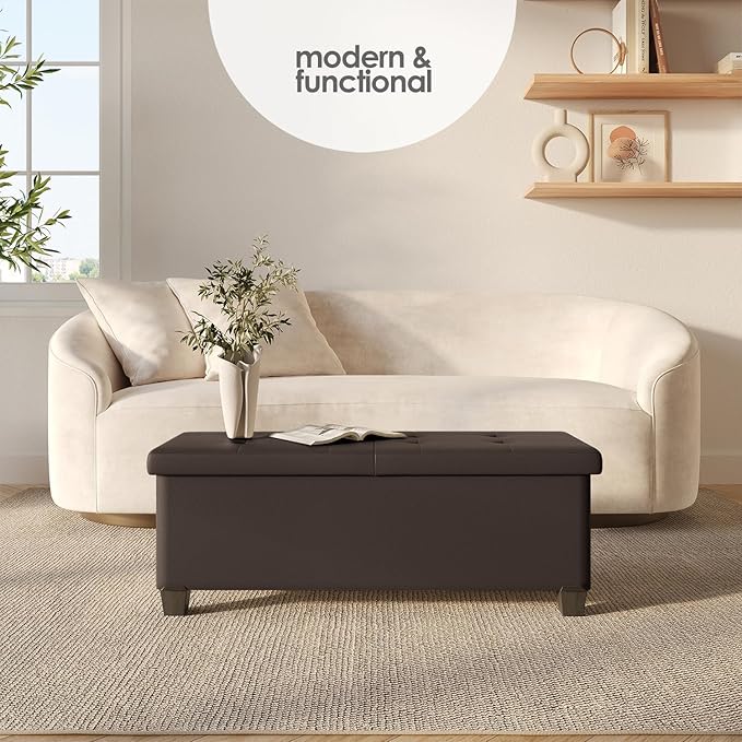 STORAGEBUD Storage Ottoman Bench with Bins, 43-in Storage Bench for Bedroom End of Bed, Folding Foot Rest Ottoman for Living Room Max 660lbs, Faux Leather Ottomans, Brown